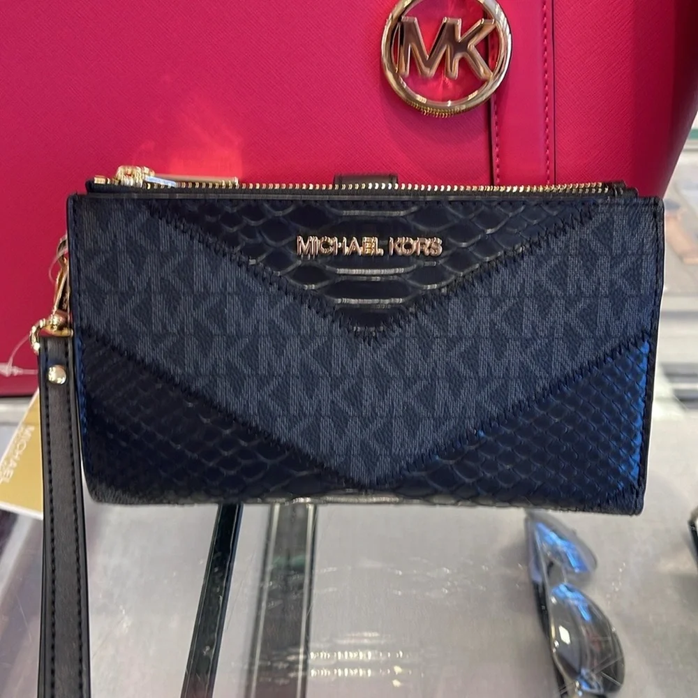 MICHAEL KORS JST LG DOUBLE ZIP WRISTLET WALLET PHONE HOLDER BLACK MULTI NWT